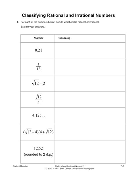 rational irrational numbers worksheet with answers